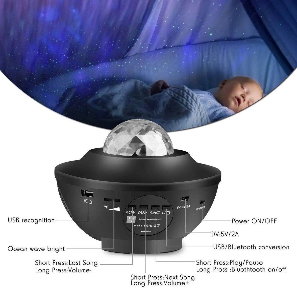 Round LED starry sky projector night light, 110mm, remote control and USB charging, black or white