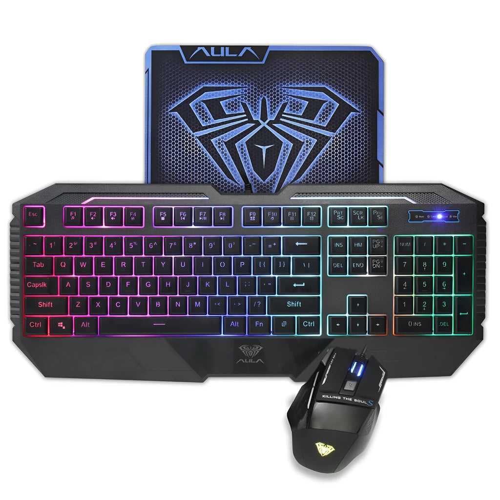Backlit keyboard and mouse set with rainbow lighting, gold-plated USB cable, black and white colour options