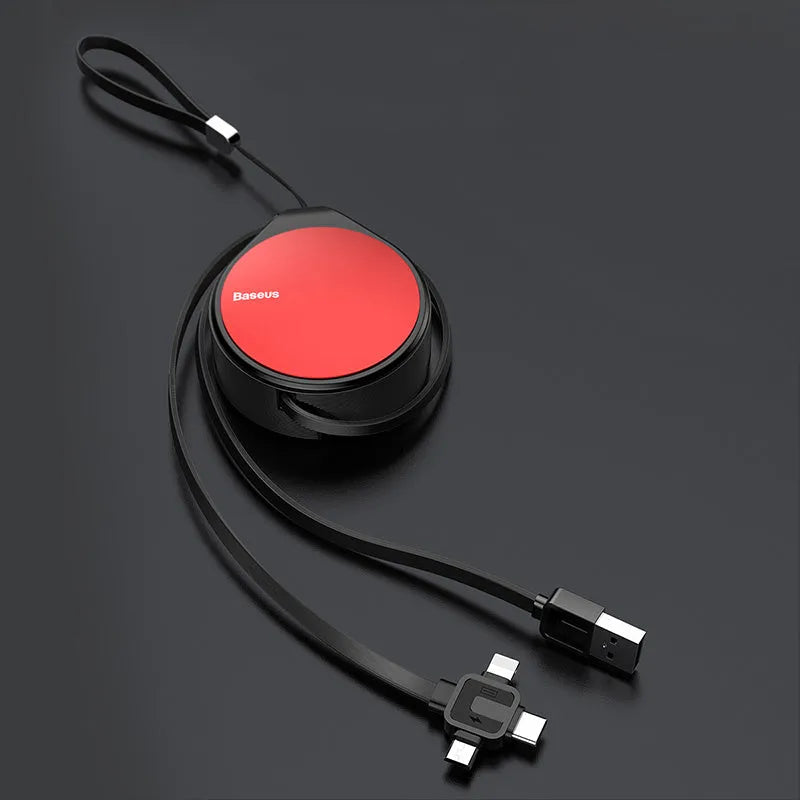 Telescopic three-in-one fast charging data cable extended to 1 metre length with retractable mechanism