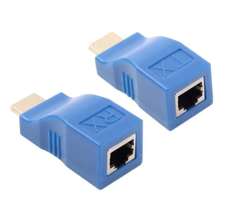 HDMI extender transmitter and receiver unit pair for signal extension over CAT-5e network cable