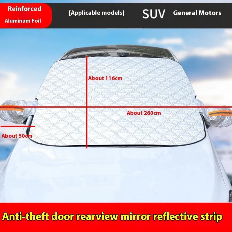 Large aluminium foil winter car cover with reflective stripes and magnets for SUV frost protection.
