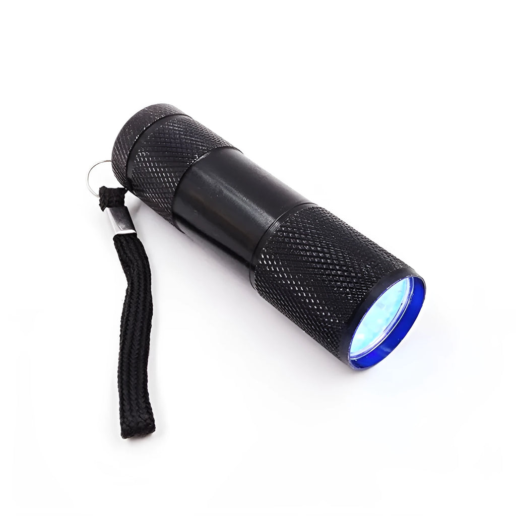 Black UV flashlight for detecting counterfeit currency and verifying documents with LED purple light