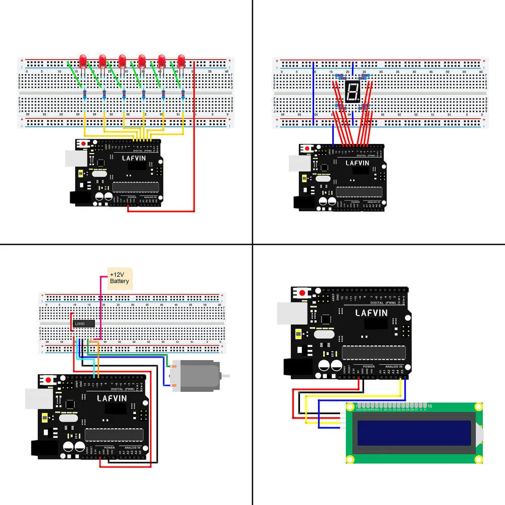 Arduino R3 starter kit with blue UNO board, breadboard, sensors, motors and electronic components
