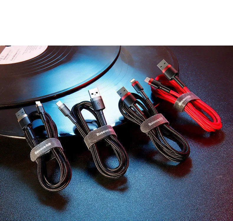 USB-C to Lightning fast charging cable for iPhone with braided nylon in red, black, gold, and grey colours
