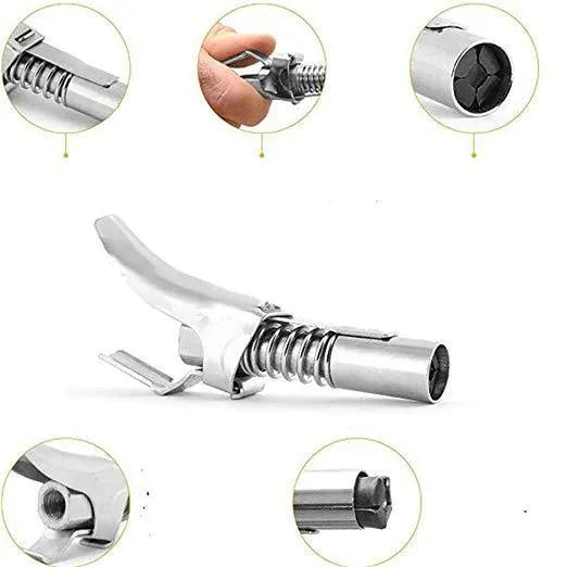 Silver locking grease gun coupler with 10,000 psi rating and 1/8 NPT thread for SAE and metric Zerk fittings