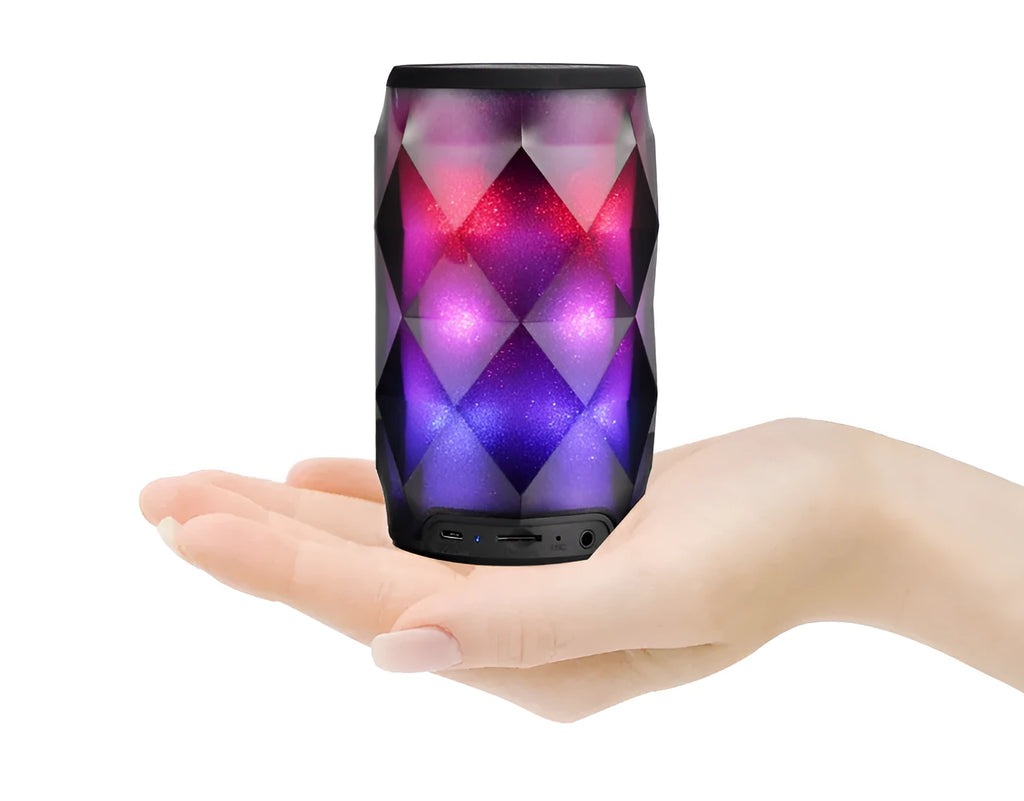 Black crystal-cut Coke can shaped Bluetooth speaker with colourful LED starry sky lighting effects.