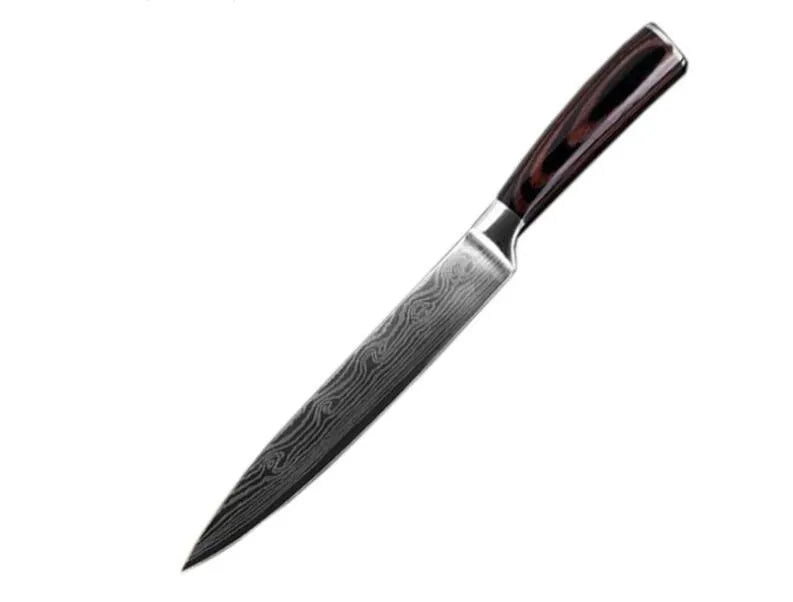 7Cr17 stainless steel kitchen knife with Damascus pattern blade and coloured wood handle on a cutting board.
