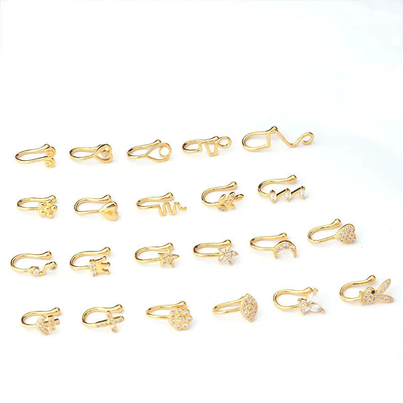 Heart-shaped AAA zircon nose ring in brass setting, clip-on design, gold finish