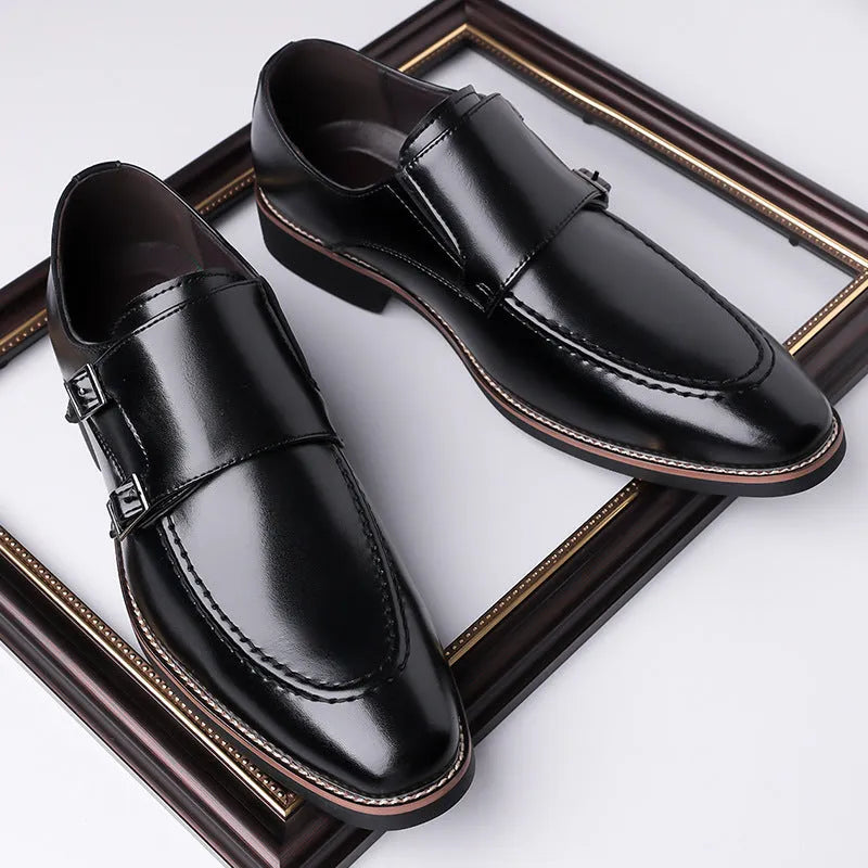 Men's slip-on business shoes in black or brown microfiber leather with pointed toe and rubber sole
