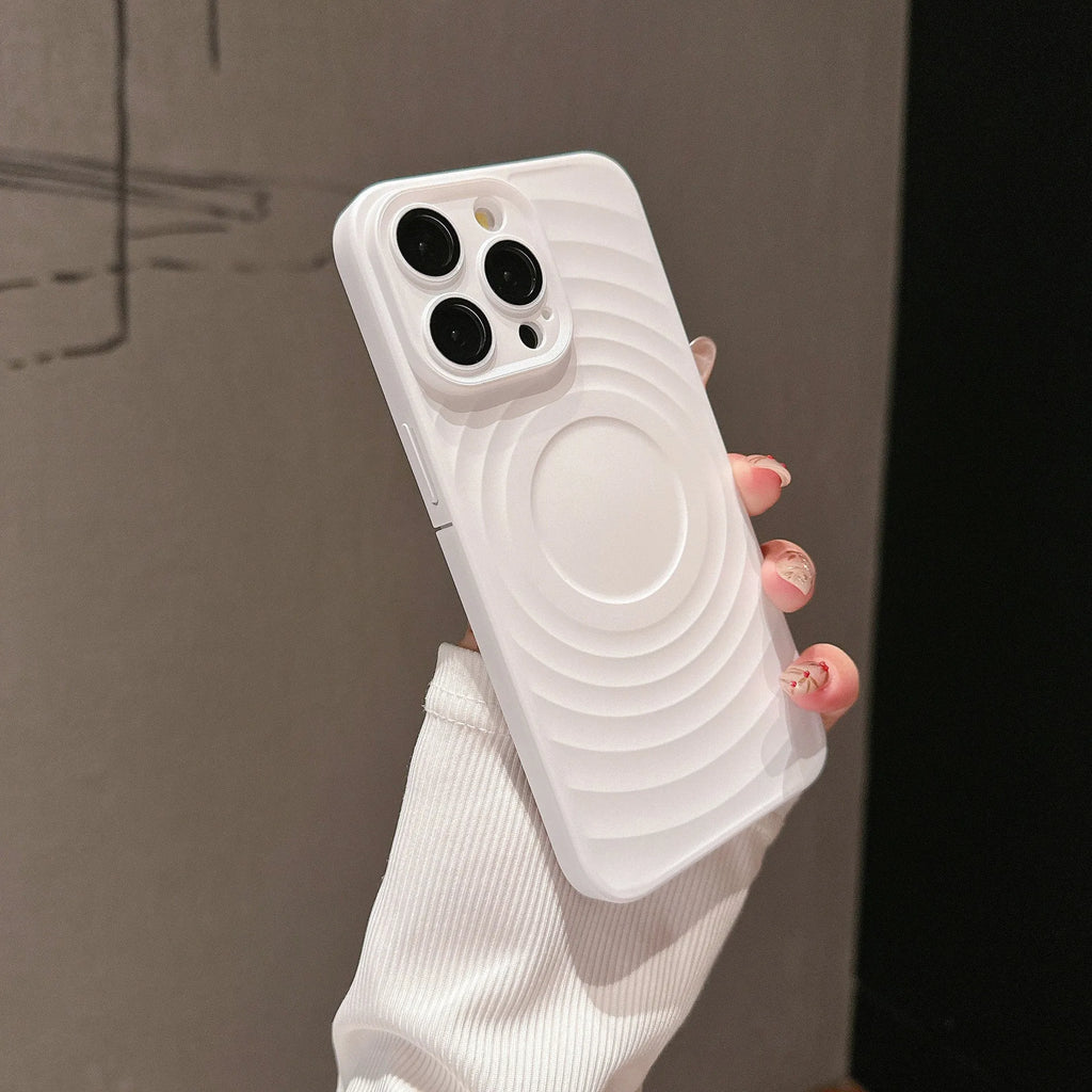 Oil injection magnetic drop-resistant protective cover with frosted PC lens glass for iPhone, showing back of case.