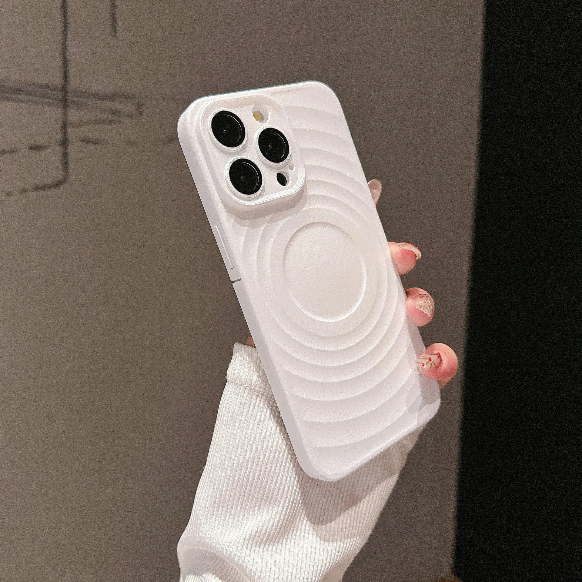 Oil injection magnetic drop-resistant protective cover with frosted PC lens glass for iPhone, showing back of case.