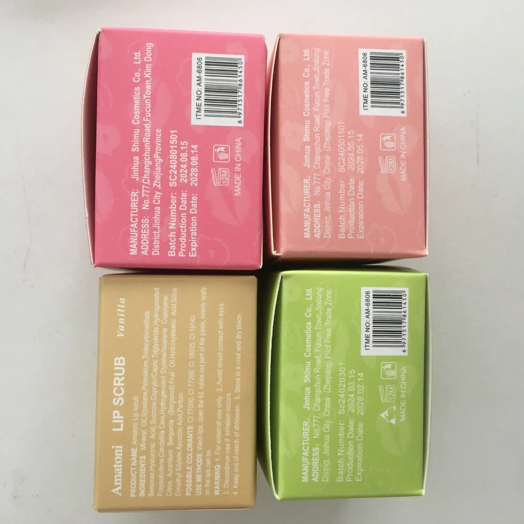 Amatoni Lip Scrub cream in 30g container with coconut raspberry vanilla watermelon flavour options