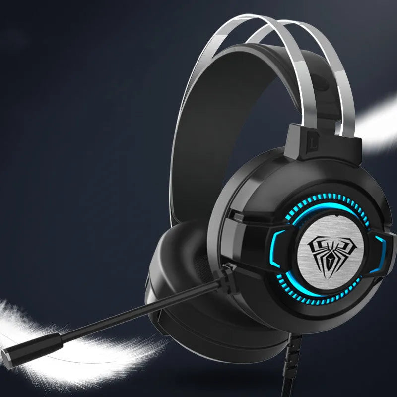 Black S602 gaming headset with colourful breathing light on ear cups, detachable microphone, and padded headband