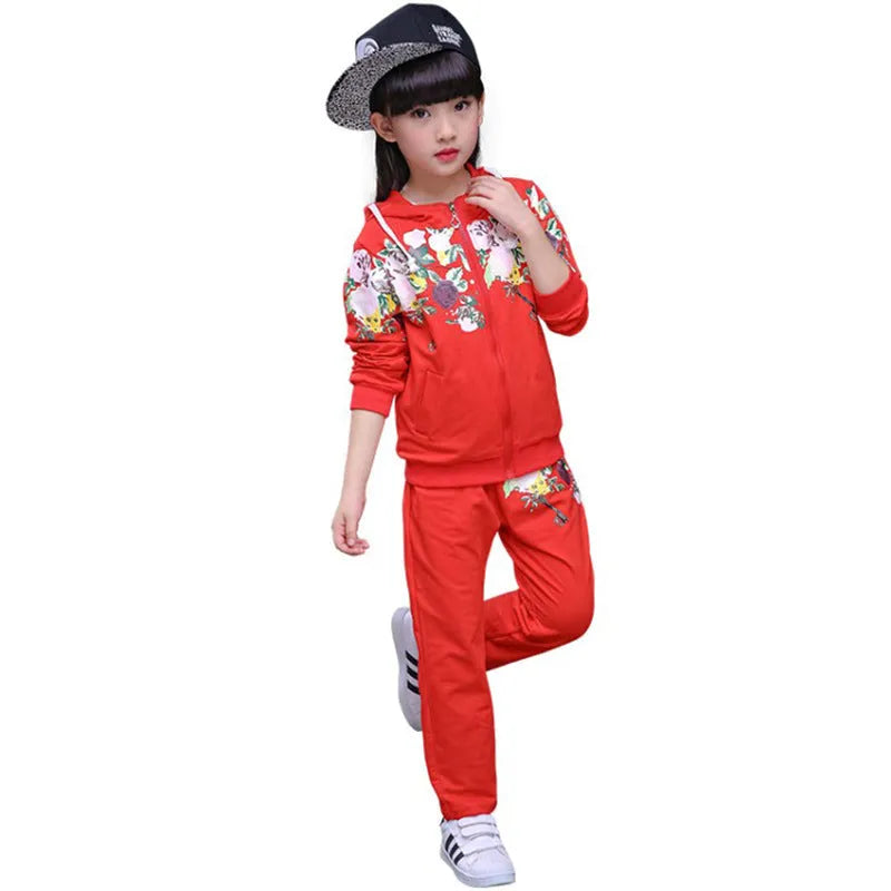 Children's pink hooded tracksuit set with long sleeves and matching trousers for age 8 plus.