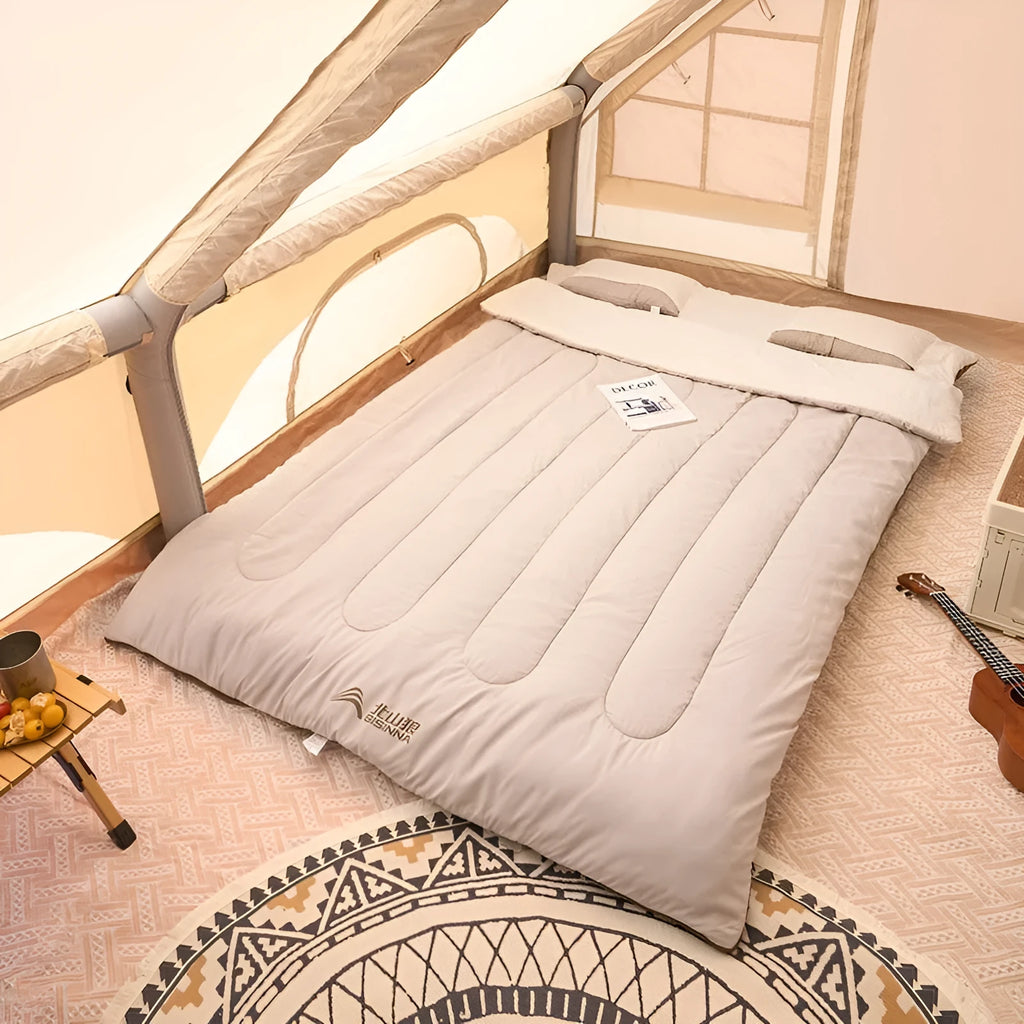 Double camping sleeping bag in coffee gray with thickened chemical fibre filling and envelope style, 210T polyester outer and washed cotton lining