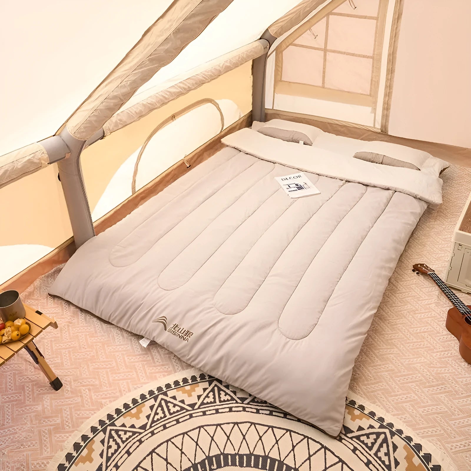 Double camping sleeping bag in coffee gray with thickened chemical fibre filling and envelope style, 210T polyester outer and washed cotton lining