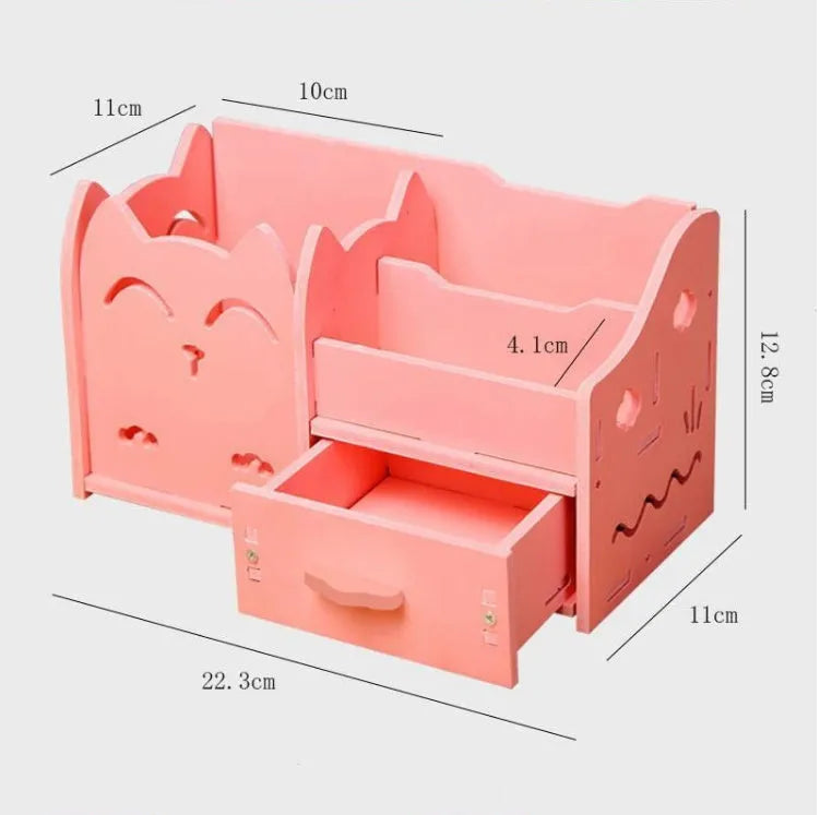 Multi-function cartoon pen holder storage box for children, available in pink with blink cat style