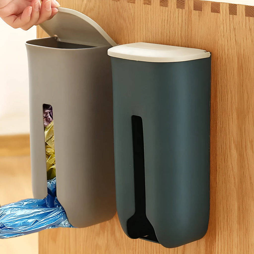 Wall-mounted plastic bag storage box in Nordic green with top flip lid and bottom extraction slot