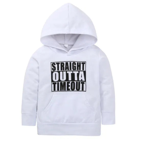 Boys' black hooded sweater with white letter print, long sleeve pullover design in 100% cotton