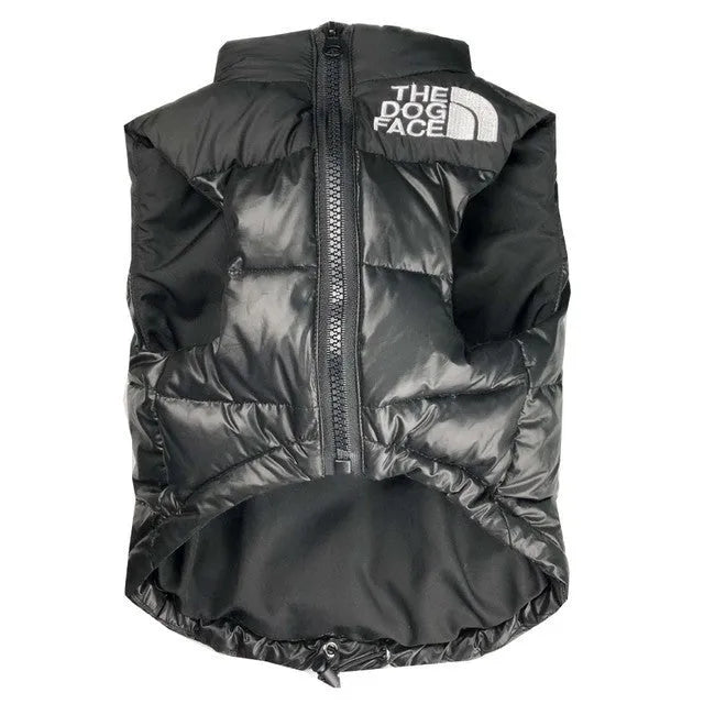 Thick warm down vest for small breed dogs in black, front view, with size S to XXL options