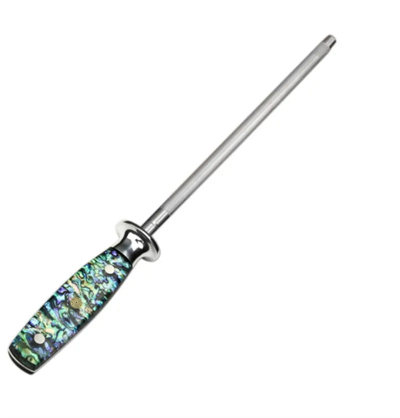 High carbon steel kitchen knife sharpener with abalone shell handle.
