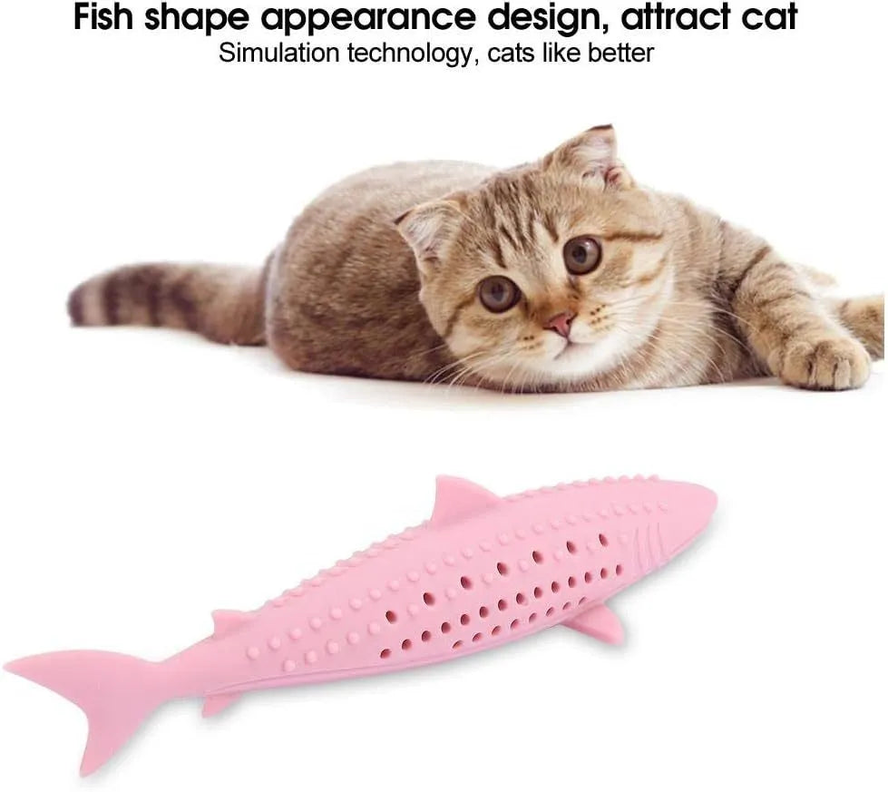 Green silicone fish-shaped cat chew toy with breathable side holes