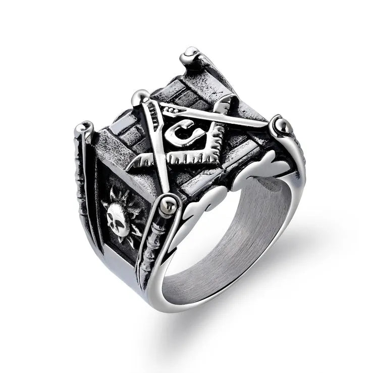 Masonic ring for men with sun and moon motif, high-polished white steel, gold colour option