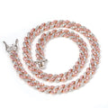 Unisex hip hop colour zirconium Cuban chain necklace in copper with zircon stones, white and pink, 18 inch length
