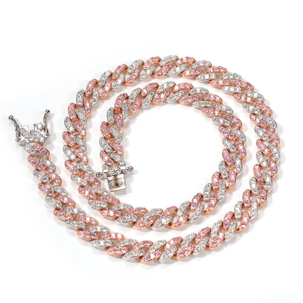 Unisex hip hop colour zirconium Cuban chain necklace in copper with zircon stones, white and pink, 18 inch length
