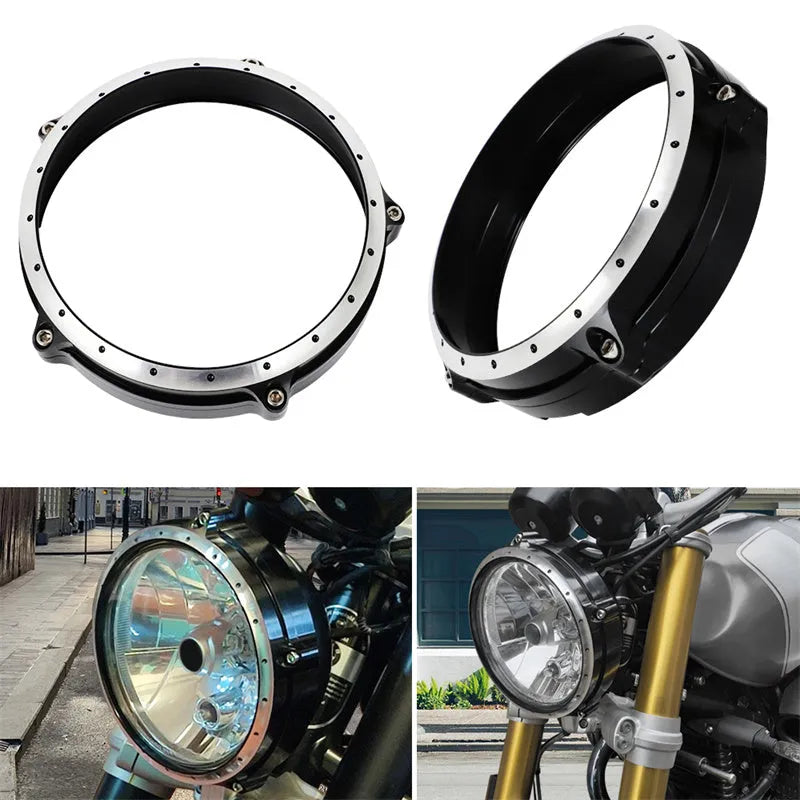 Black CNC aluminium headlight cover frame for BMW R nineT Scrambler motorcycle
