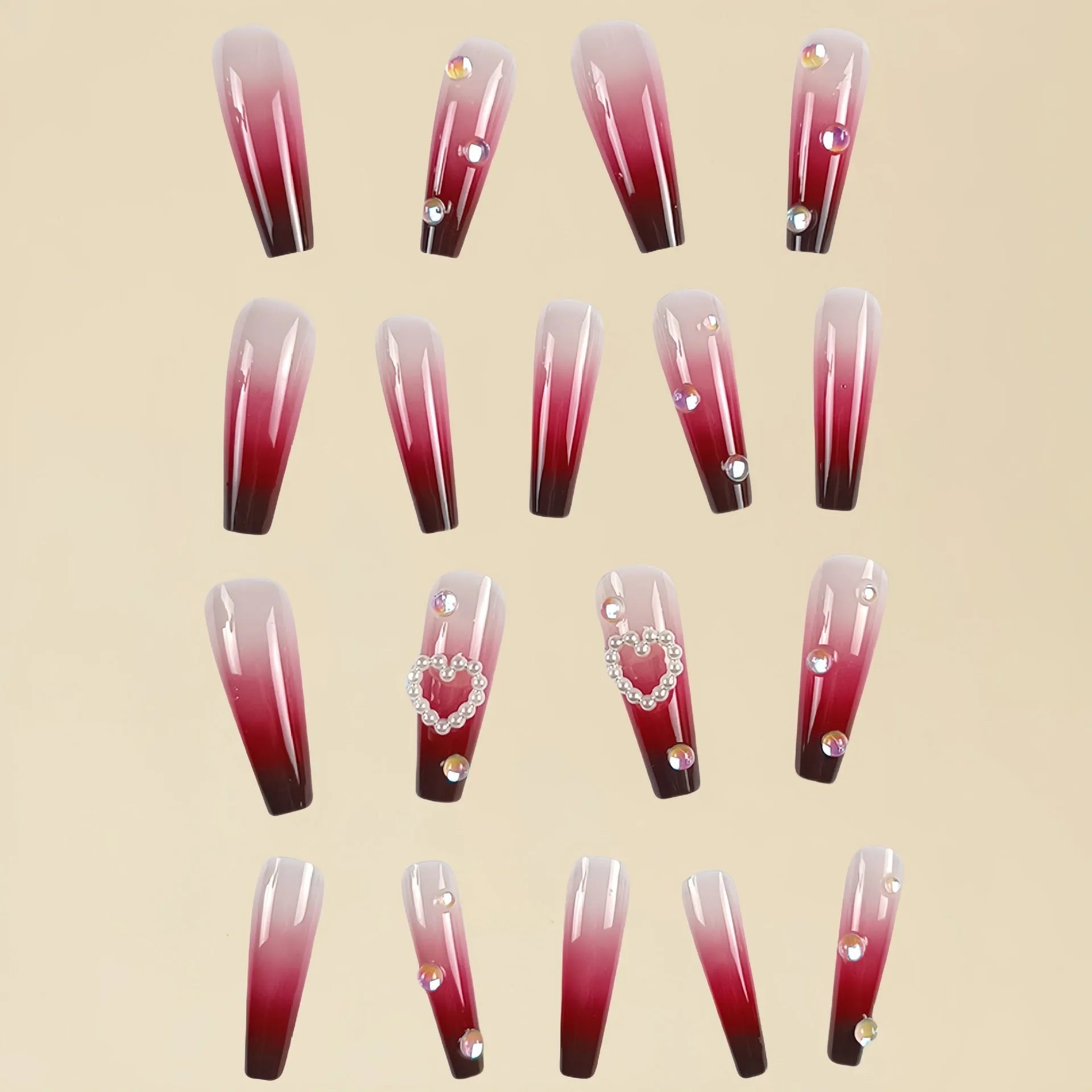 Wine red gradient plaid artificial nail tips with heart and pearl decorative elements in long ballet style