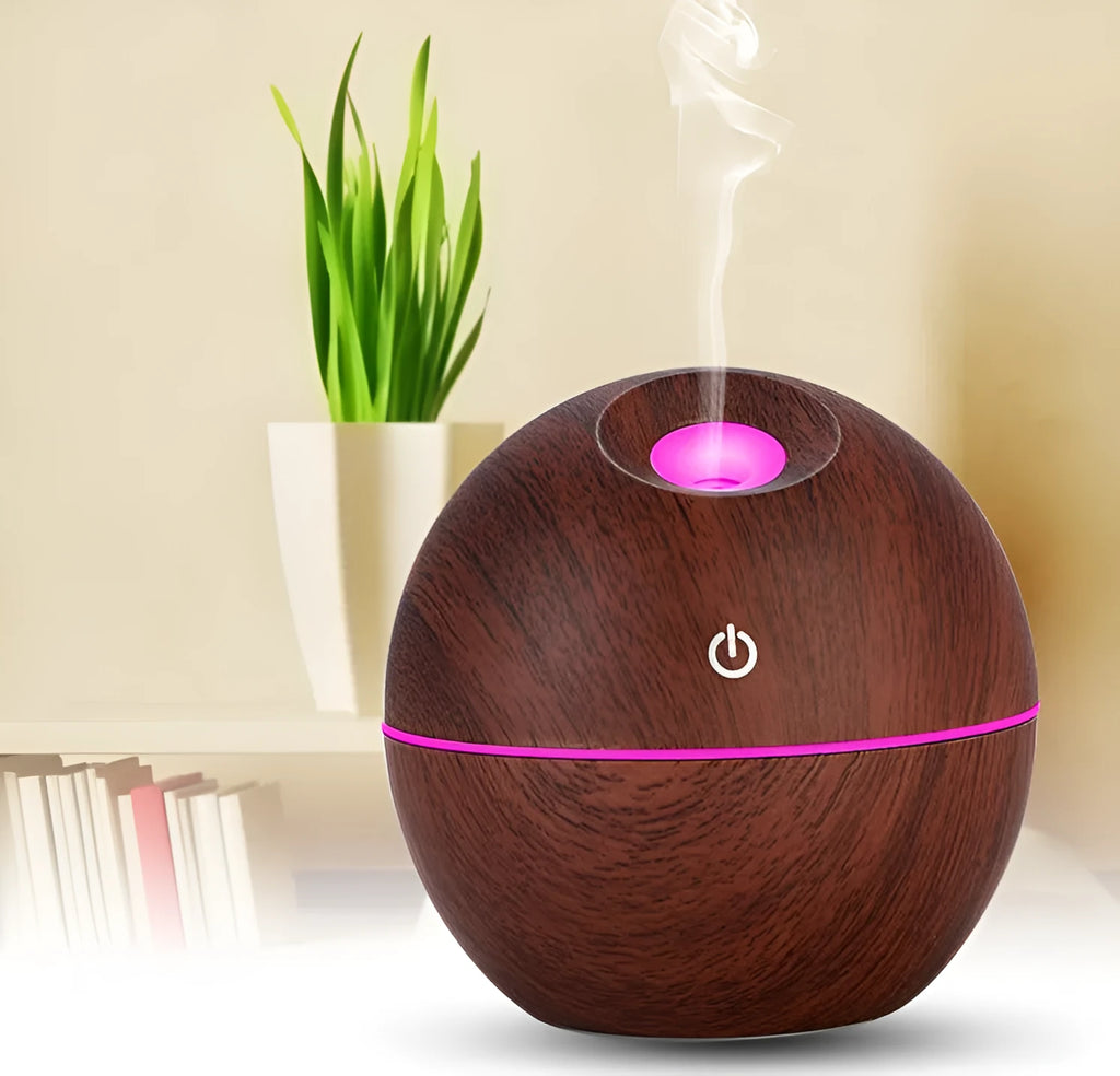 USB ultrasonic aroma essential oil diffuser humidifier 130ml light wood colour with blue LED night light