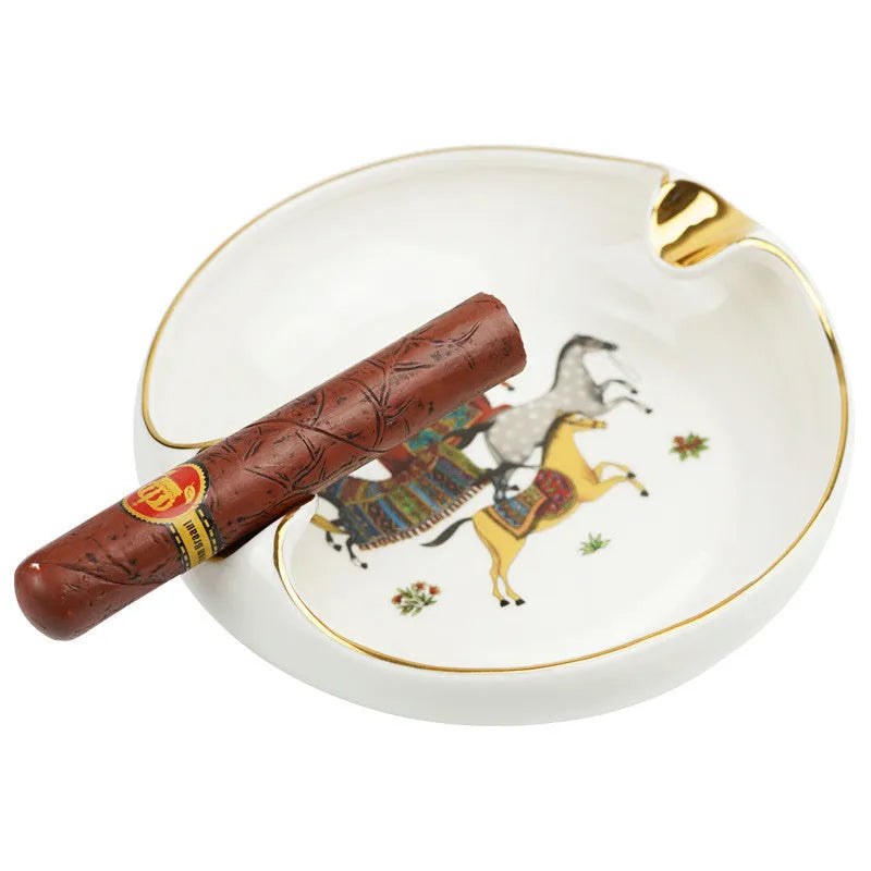 Bone ceramic cigar ashtray with manual gold drawing, 175 x 175mm, horse colour option