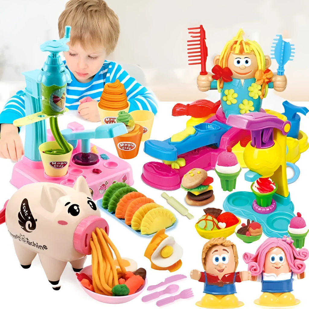 DIY kindergarten educational colour mud play set with four themed boxes including BBQ, burger, ice cream, and hairstylist