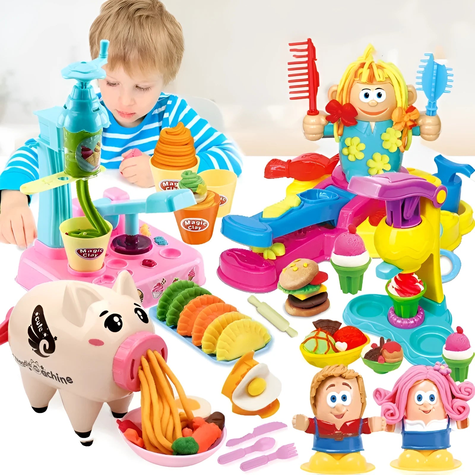 DIY kindergarten educational colour mud play set with four themed boxes including BBQ, burger, ice cream, and hairstylist