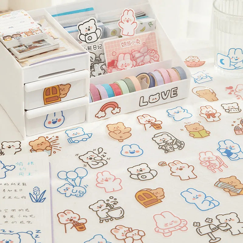 Morning foam PET sticker pack with 40 bear and animal decorative stickers in various styles on white background
