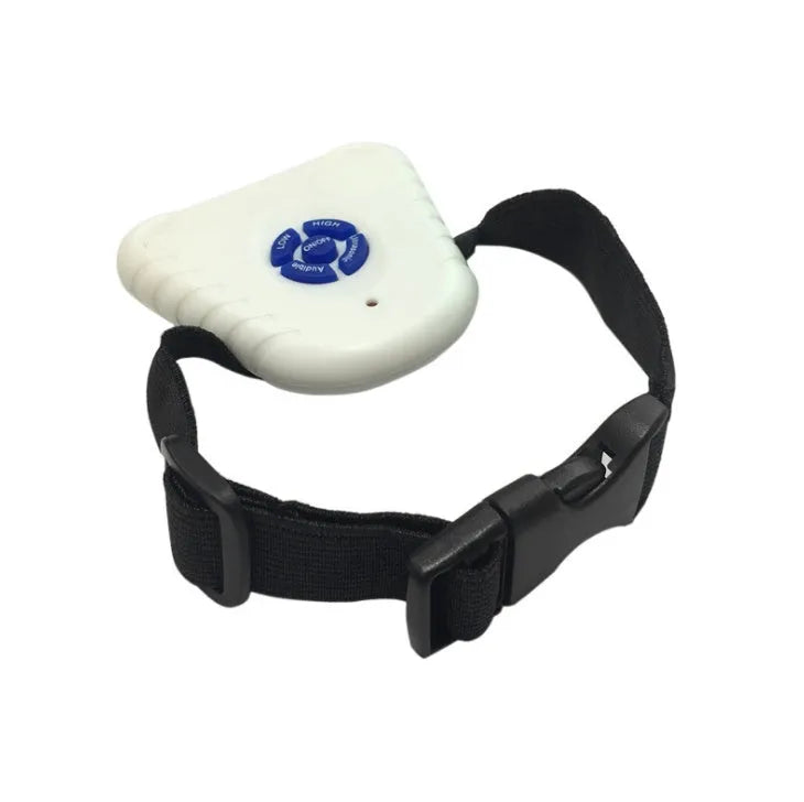 White ultrasonic automatic dog training collar with elasticated buckle strap for small to medium dogs