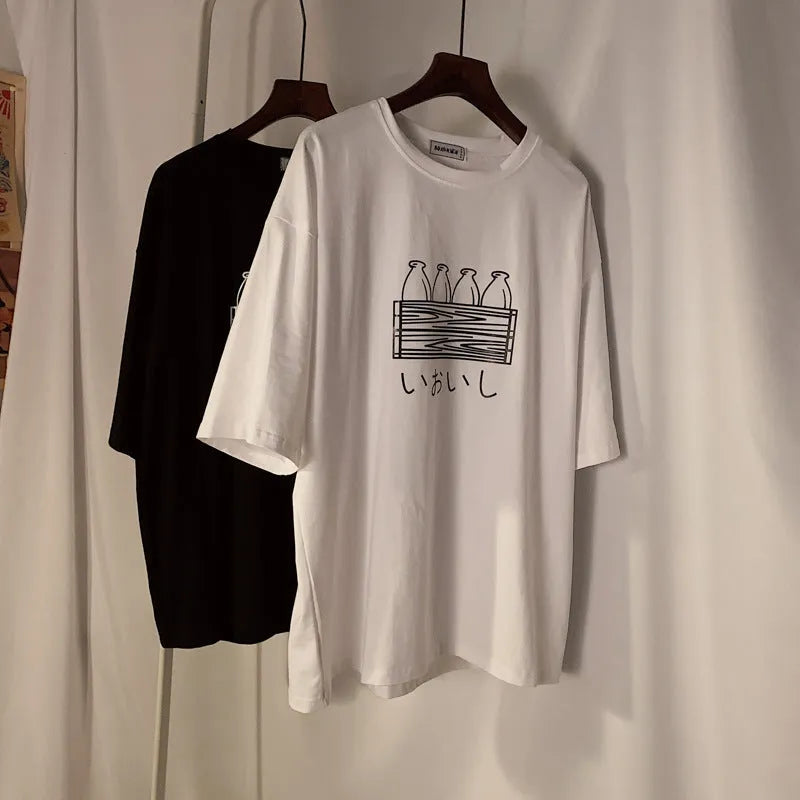 Printed Hong Kong style loose fit short sleeve t-shirt in black, front view