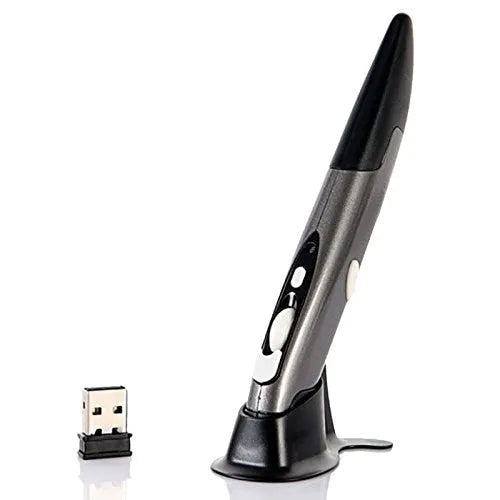 Wireless optical pen mouse in blue, red, and gray with ergonomic pen shape and 2.4 GHz USB receiver