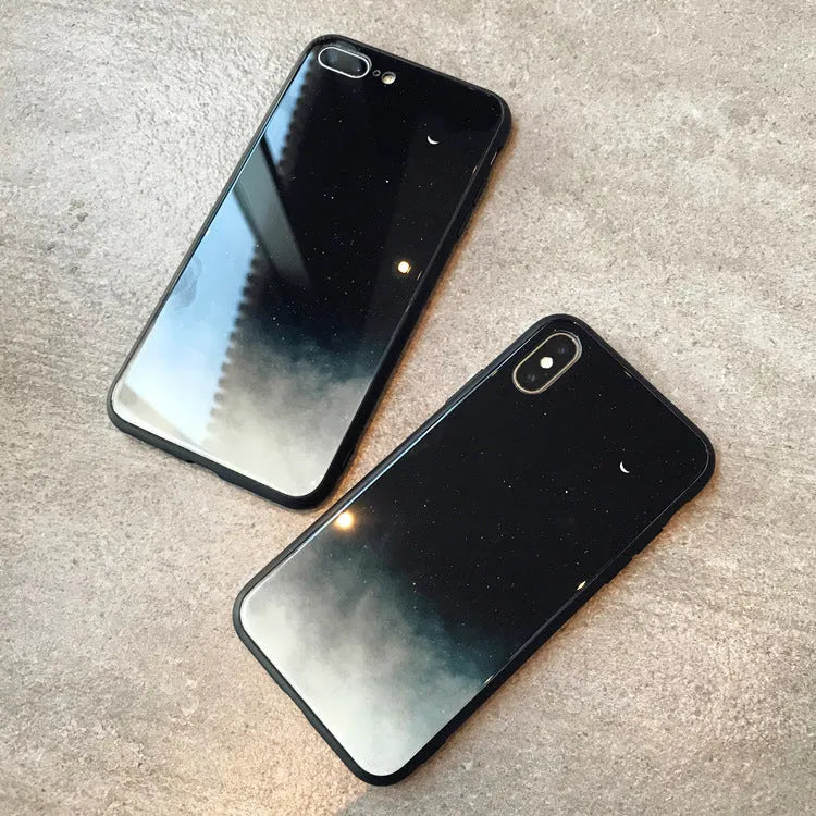 Star Sky phone case cover with glossy tempered glass back in Starry sky pattern, silicone bumper for 360 protection