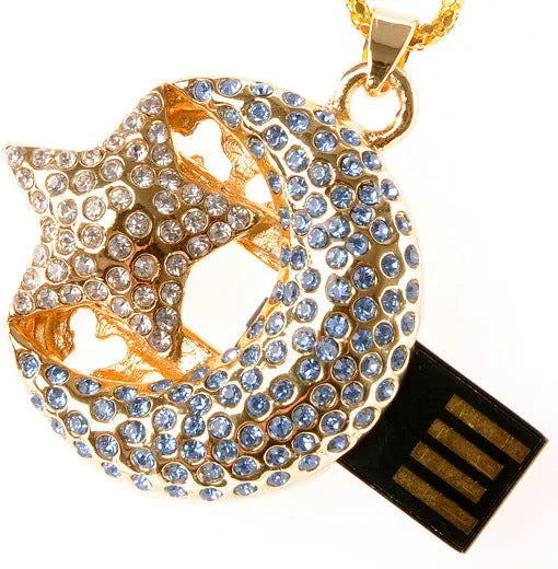 Silver metal Jewelry Xingyue USB flash drive with retractable connector on a plain background.