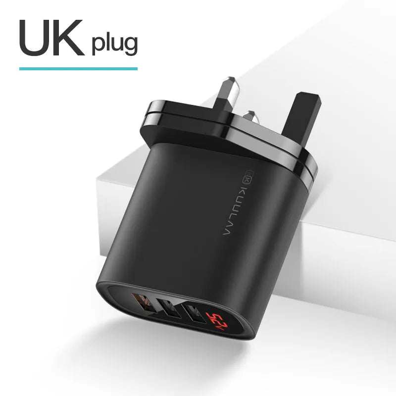 3 hole USB fast charge travel charger with LED indicator in black, showing EU plug attached