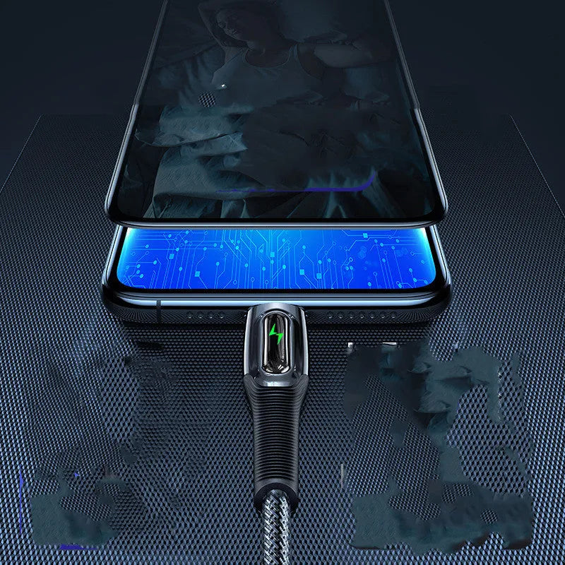 Lightning USB cable with smart power off, zinc alloy connectors and braided fishing line sheath, in black or dark green