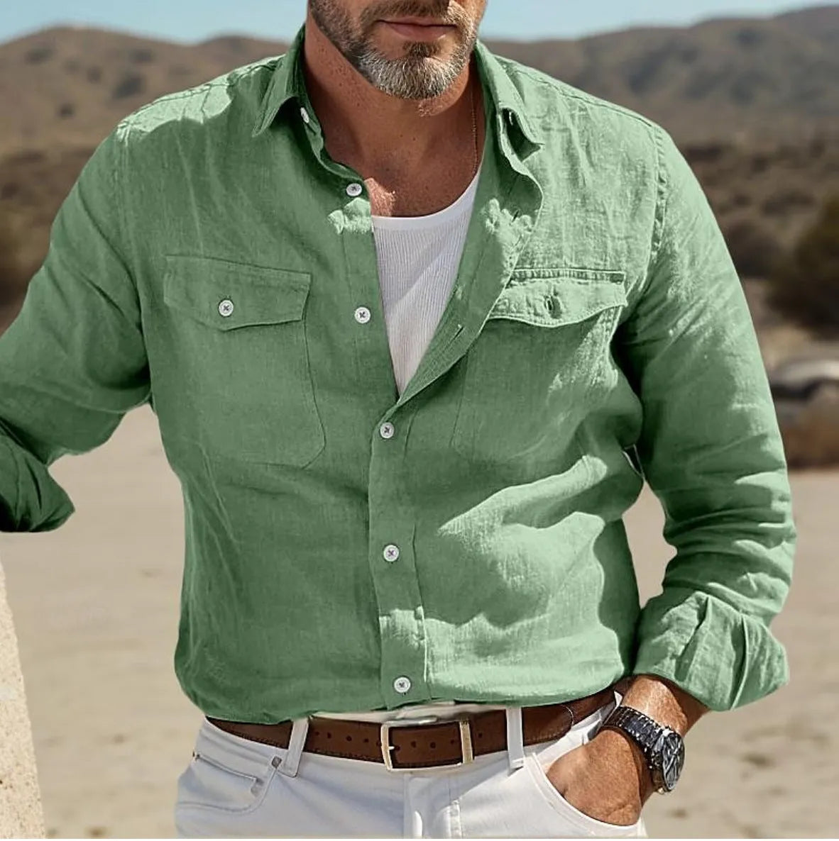 Men's loose-fit long-sleeved shirt in cotton and linen blend, shown in solid green colour for casual summer wear.