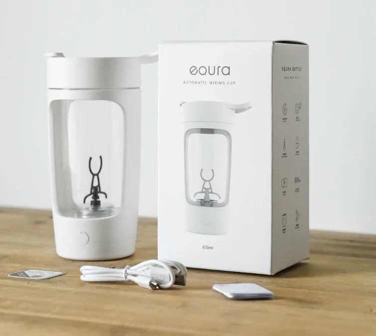 Portable automatic blender cup in four colour options showing compact design with integrated drinking vessel