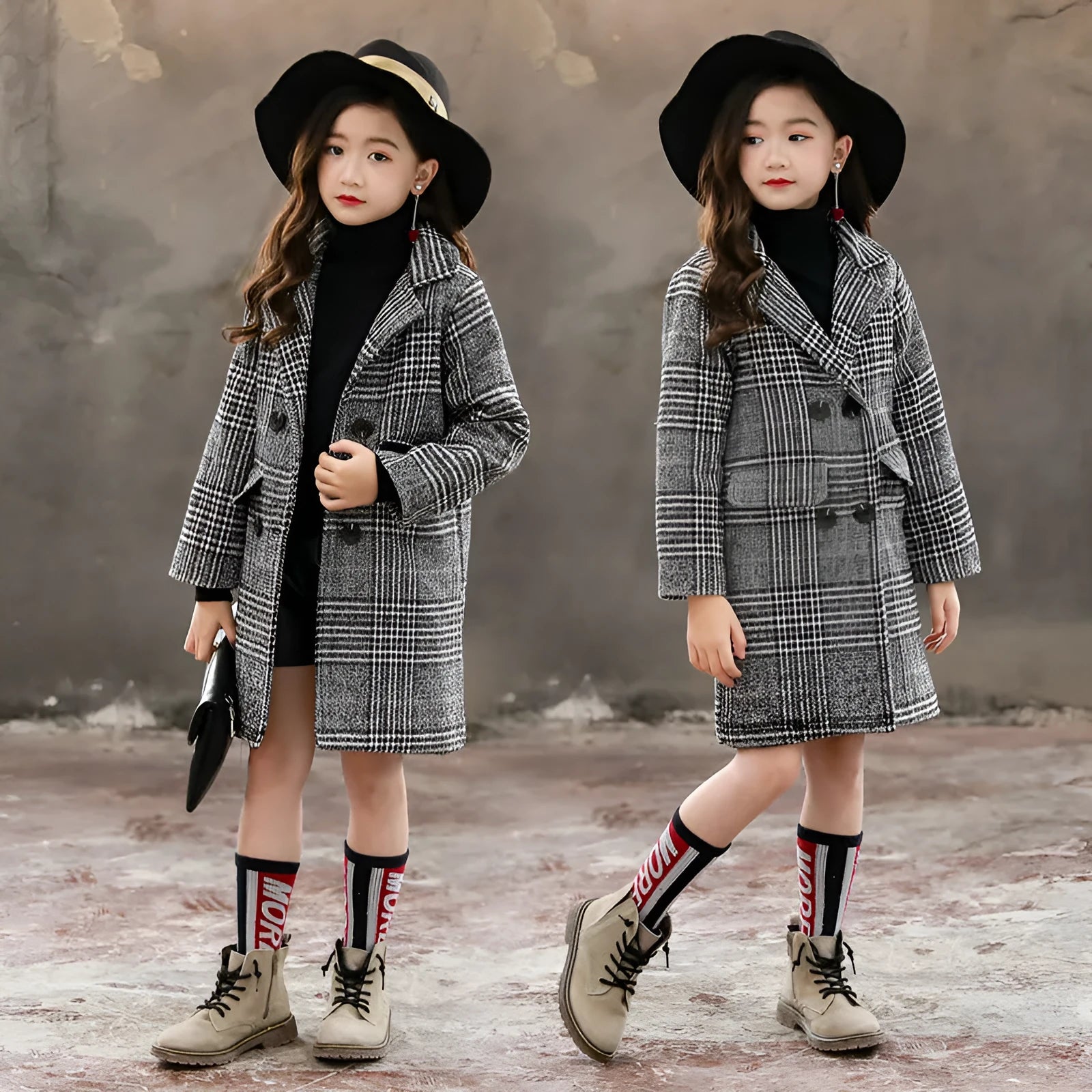 Girls' grey houndstooth plaid coat with suit collar and long sleeves.