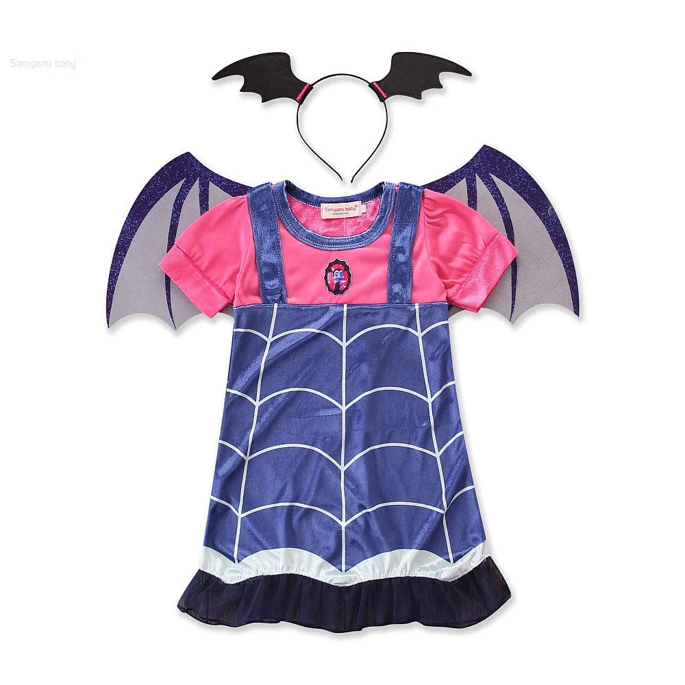Blue cotton short sleeve princess Halloween dress for a young girl on a hanger.