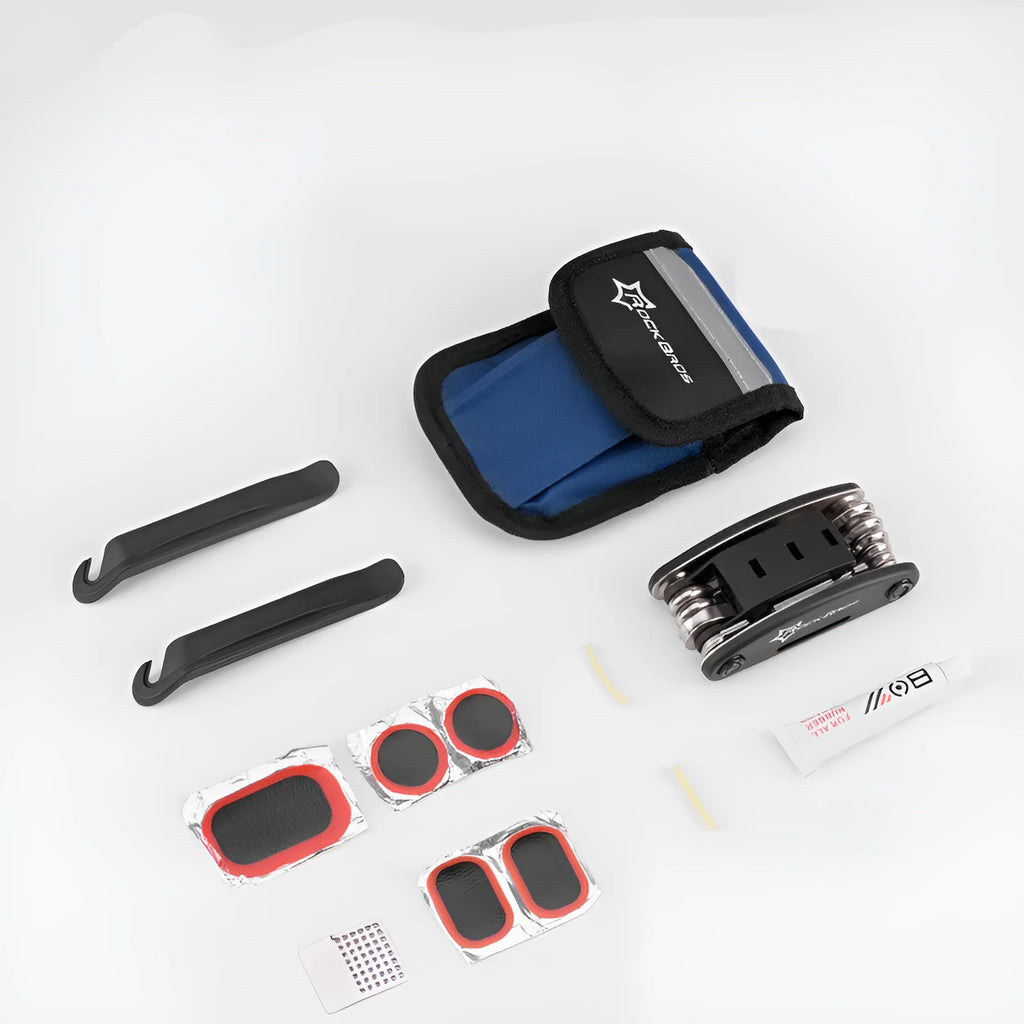 Bicycle tire repair kit in frame-mounted bag on bike upper tube with multicolour design