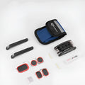 Bicycle tire repair kit in frame-mounted bag on bike upper tube with multicolour design
