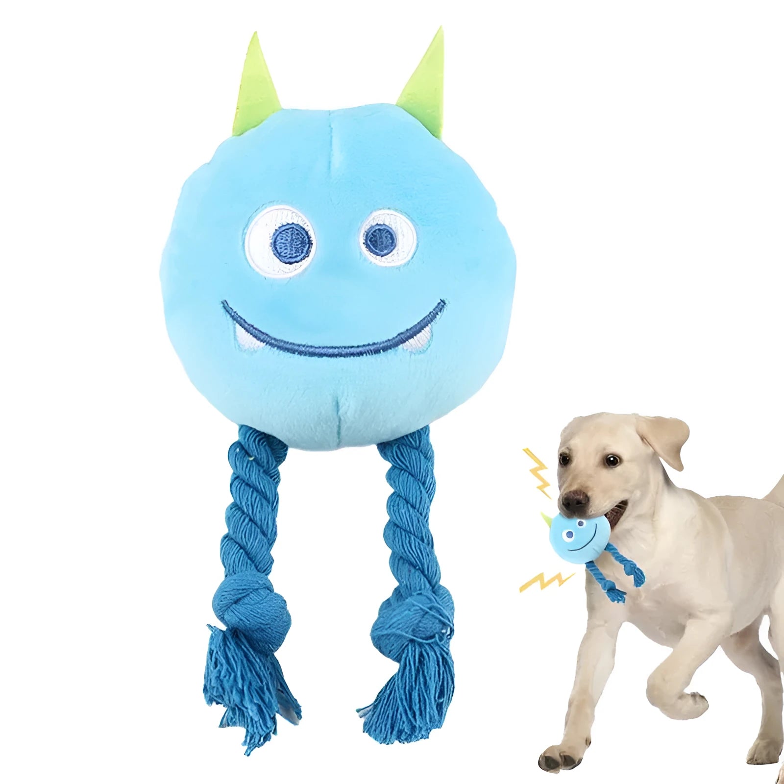 Blue and yellow dog squeaky toy with strong knot design cotton rope construction